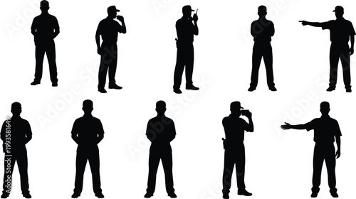 Security guard silhouette set of professional officers standing, using walkie talkie, pointing, and maintaining safety for protection and law enforcement concept