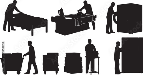 Black Solid Indoor Hotel Laundry Staff Silhouettes Set of Six on White Background