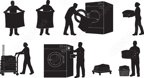 Black Solid Indoor Hotel Laundry Staff Silhouettes Set of Six on White Background
