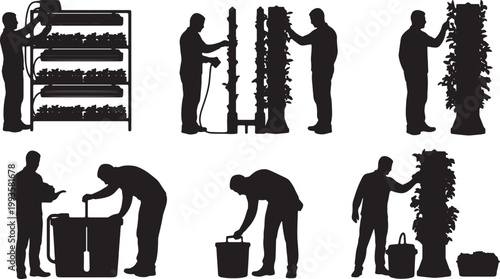 Black Solid Indoor Hydroponic Farmer Silhouettes Set of Six on White Background