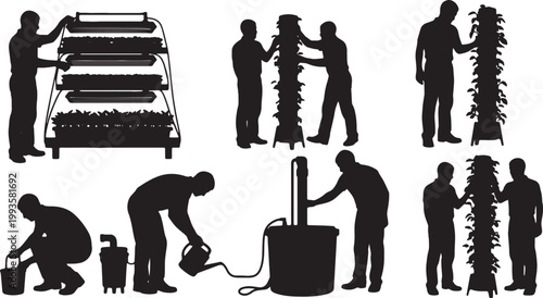 Black Solid Indoor Hydroponic Farmer Silhouettes Set of Six on White Background