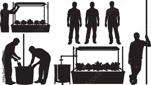 Black Solid Indoor Hydroponic Farmer Silhouettes Set of Six on White Background