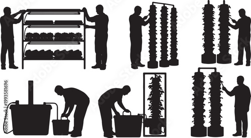 Black Solid Indoor Hydroponic Farmer Silhouettes Set of Six on White Background