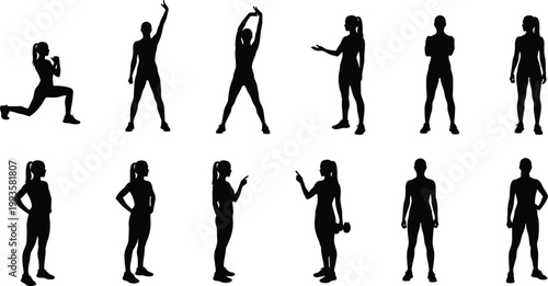 Set of fitness woman silhouettes, female athlete exercising, stretching, lunging, standing poses, gym workout gear, vector graphics on white background