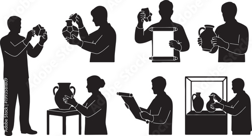Black Solid Indoor Museum Archivist Silhouettes Set of Six on White Background