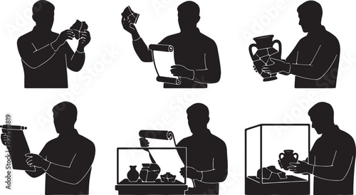 Black Solid Indoor Museum Archivist Silhouettes Set of Six on White Background