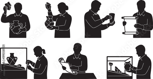 Black Solid Indoor Museum Archivist Silhouettes Set of Six on White Background