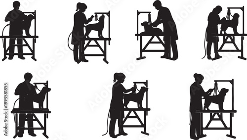 Black Solid Indoor Pet Groomer Silhouettes Set of Six on White Background