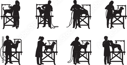 Black Solid Indoor Pet Groomer Silhouettes Set of Six on White Background