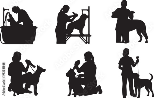 Black Solid Indoor Pet Groomer Silhouettes Set of Six on White Background