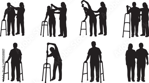 Black Solid Indoor Physical Therapist Silhouettes Set of Six on White Background