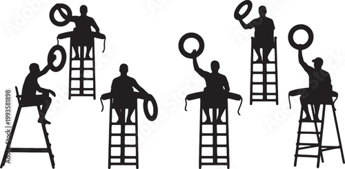 Black Solid Indoor Pool Lifeguard Silhouettes Set of Six on White Background