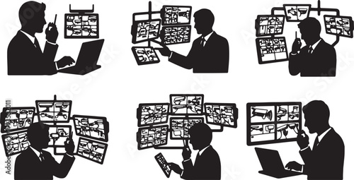 Black Solid Indoor Security Camera Monitor Silhouettes Set of Six on White Background