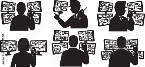 Black Solid Indoor Security Camera Monitor Silhouettes Set of Six on White Background