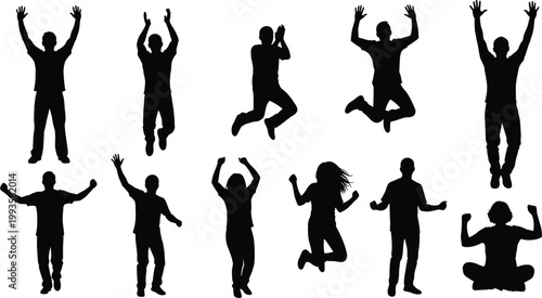 Set of happy people silhouettes, men and women jumping, cheering with raised arms, celebrating success, victory poses, group collection, vector