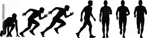Set of male runner silhouettes, athlete starting race, sprinting, jogging, walking, various athletic poses, sports action, vector on white background, isolated