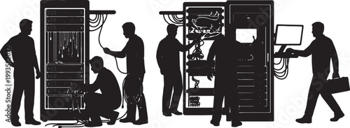 Black Solid Indoor Server Room Technician Silhouettes Set of Six on White Background