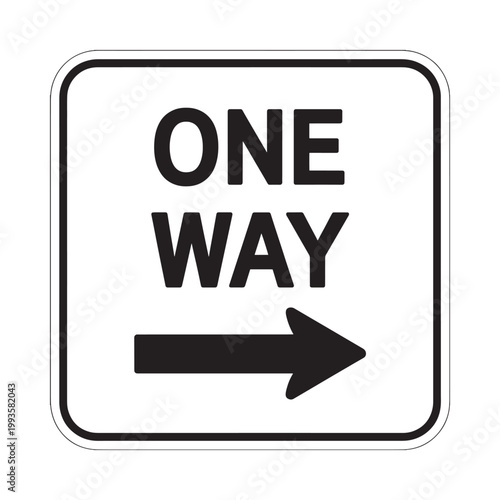 A white sign displaying one way with a right pointing black arrow