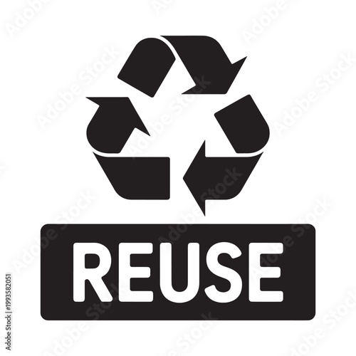 Black recycle symbol with arrows and the word reuse below it