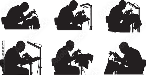 Black Solid Indoor Studio Tattoo Artist Silhouettes Set of Six on White Background