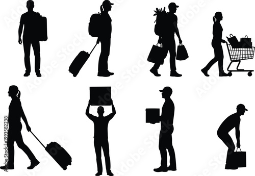 Set of people carrying bags and boxes, travelers with suitcases, shopping with carts, delivery man with package, logistics and consumerism, vector silhouettes