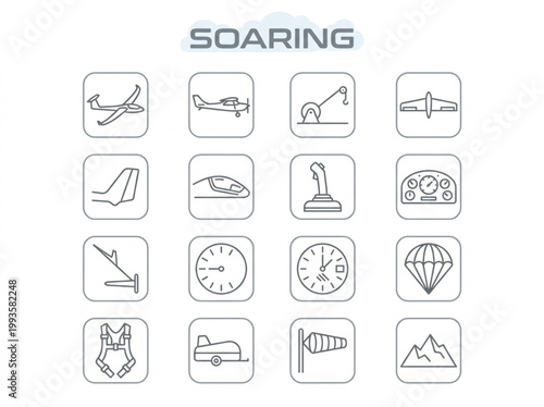 Detailed collection of sixteen grey line icons showcasing essential glider aircraft equipment and flight instruments for unpowered soaring aviation