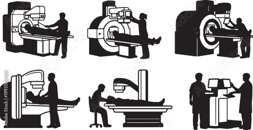 Black Solid Indoor X-Ray Technician Silhouettes Set of Six on White Background