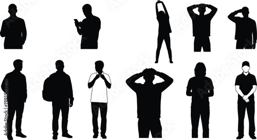 Set of people silhouettes, men and women in casual poses, using phone, stretching, wearing backpack, standing, walking, isolated on white background, vector