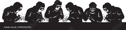 Black Solid Industrial Metal Welder Silhouettes Set of Six on White Background