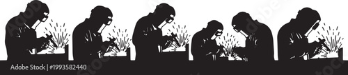 Black Solid Industrial Metal Welder Silhouettes Set of Six on White Background