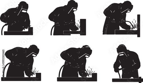 Black Solid Industrial Metal Welder Silhouettes Set of Six on White Background