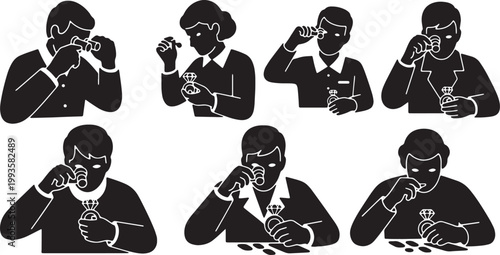 Black Solid Jewelry Maker Jeweler Silhouettes Set of Six on White Background