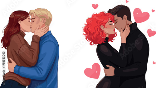 Romantic Couples Kissing Illustration Set with Diverse Lovers Expressing Affection, Love, Intimacy, and Relationship Emotions with Heart Symbols for Valentine and Dating ConceptsRomantic Couples Kissi