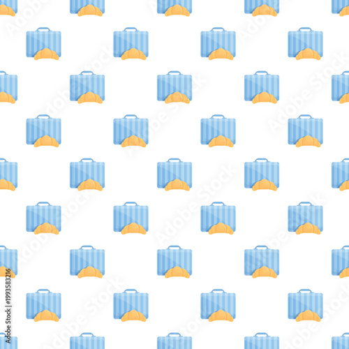 Travel suitcases with croissants creating a light blue repeating seamless pattern