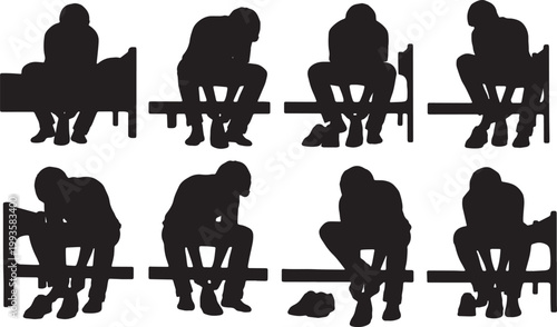 Black Solid Bed Edge Shoe Tying Sitting Silhouettes Set of Six on White Background