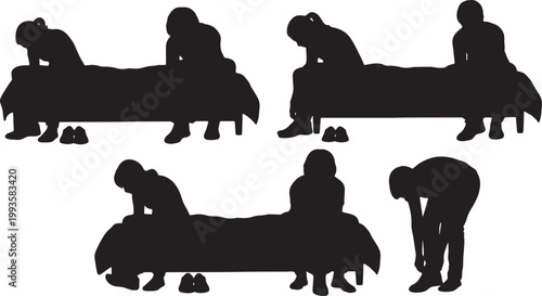 Black Solid Bed Edge Shoe Tying Sitting Silhouettes Set of Six on White Background