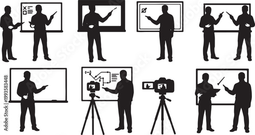 Black Solid Educational Tutor Whiteboard Camera Silhouettes Set of Six on White Background