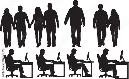Black Solid Ergonomic Desk Chair Sitting Silhouettes Set of Six on White Background