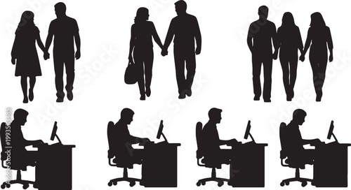 Black Solid Ergonomic Desk Chair Sitting Silhouettes Set of Six on White Background