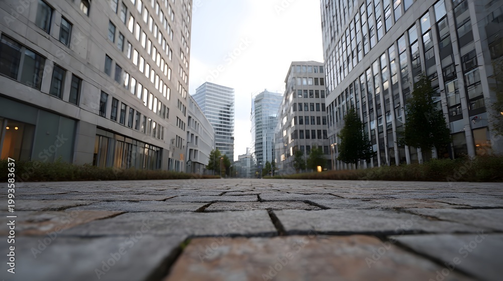 Naklejka premium A deep low angle perspective down a deserted urban walkway lined with towering modern glass buildings under diffused daylight