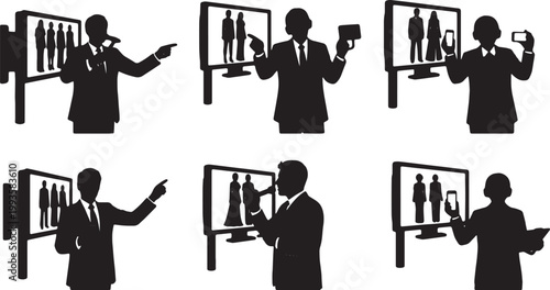 Black Solid Fashion Critic Red Carpet Monitor Silhouettes Set of Six on White Background