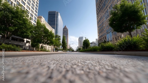 A low angle perspective looking down a wide urban street flanked by lush trees and modern skyscrapers under a clear blue sky