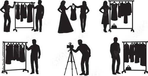 Black Solid Fashion Haul Clothing Rack Setup Silhouettes Set of Six on White Background