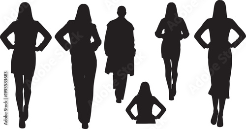 Black Solid Fashion Runway Hip Hand Walking Silhouettes Set of Six on White Background
