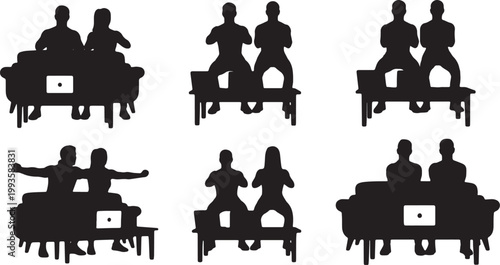 Black Solid Fitness Couple Synchronized Squat Laptop Silhouettes Set of Six on White Background
