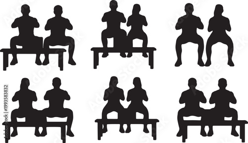 Black Solid Fitness Couple Synchronized Squat Laptop Silhouettes Set of Six on White Background