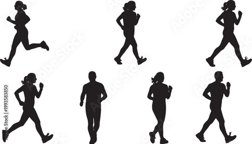 Black Solid Fitness Power Walking Silhouettes Set of Six on White Background