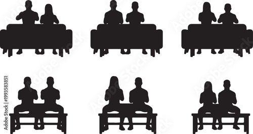 Black Solid Fitness Couple Synchronized Squat Laptop Silhouettes Set of Six on White Background