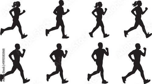 Black Solid Fitness Power Walking Silhouettes Set of Six on White Background