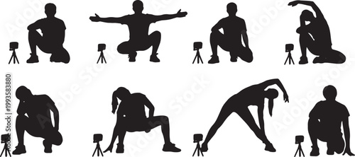 Black Solid Fitness Workout Stream Setup Silhouettes Set of Six on White Background